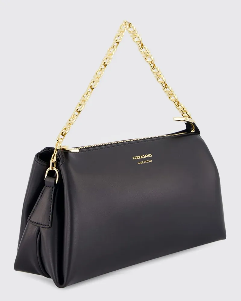 Ferragamo Rechteckige Mini-Tasche aus Glattleder mit Metallgeflechtgriff Schwarz