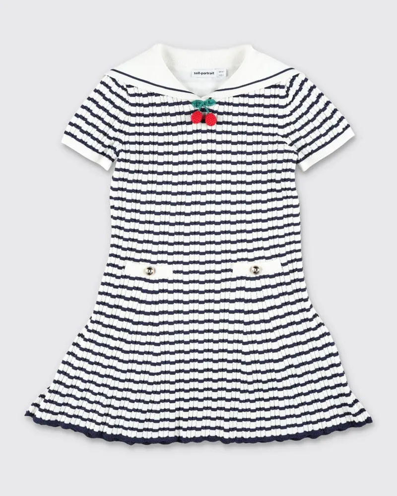 Self-Portrait Gestreiftes kurzes Jerseykleid für Mädchen mit Matrosenkragen Weiß