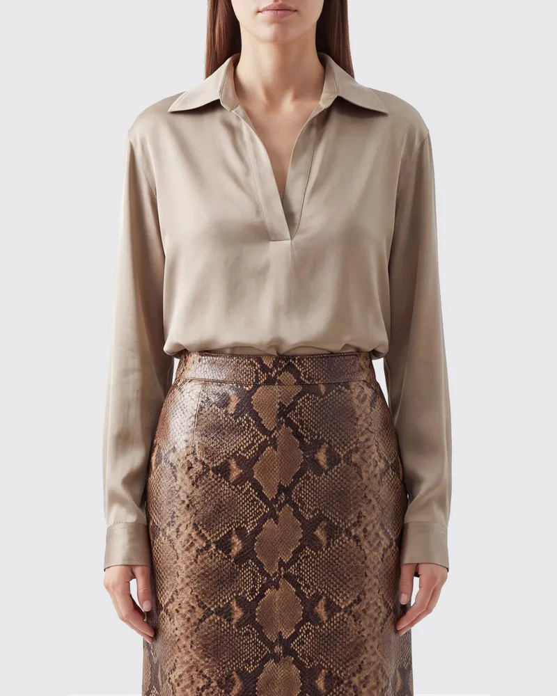 Tom Ford V-Ausschnitt-Seidenbluse mit langen, überschnittenen Ärmeln Beige