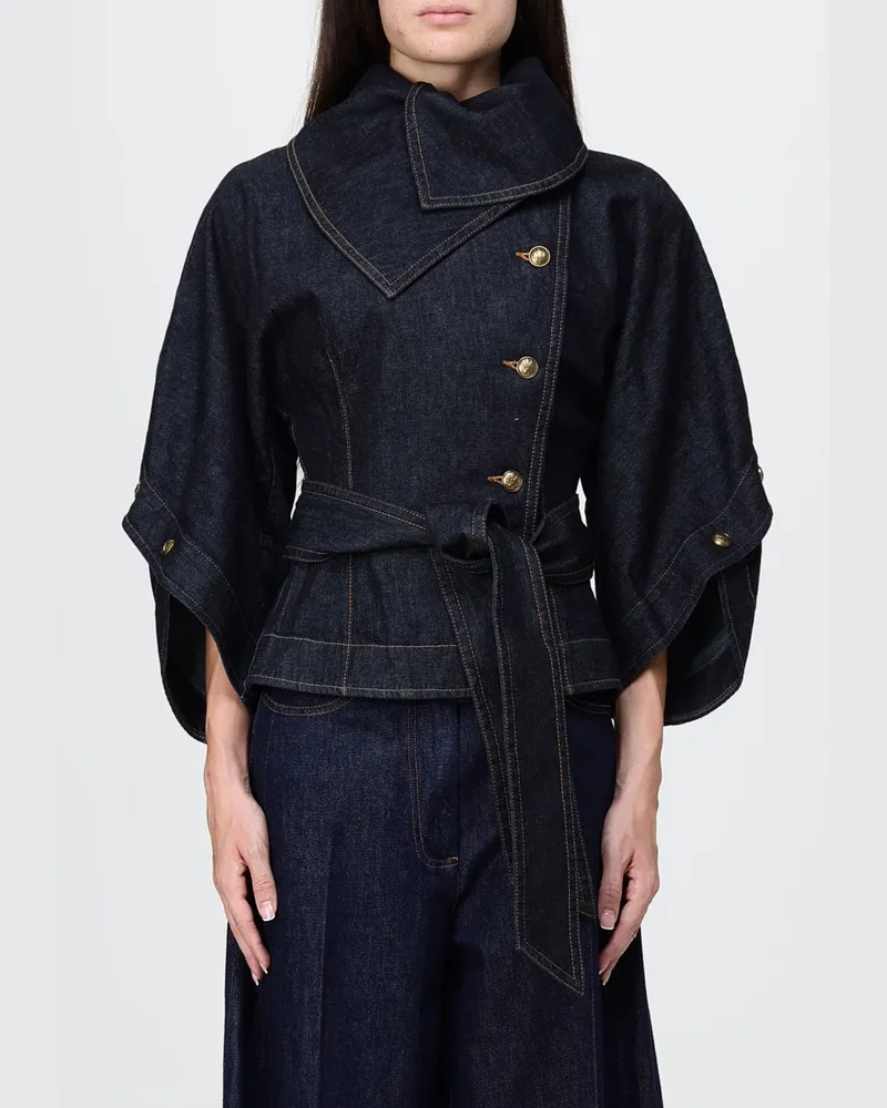Zimmermann Valiant Cropped Jeansjacke mit hohem Kragen und asymmetrischem Verschluss Blau