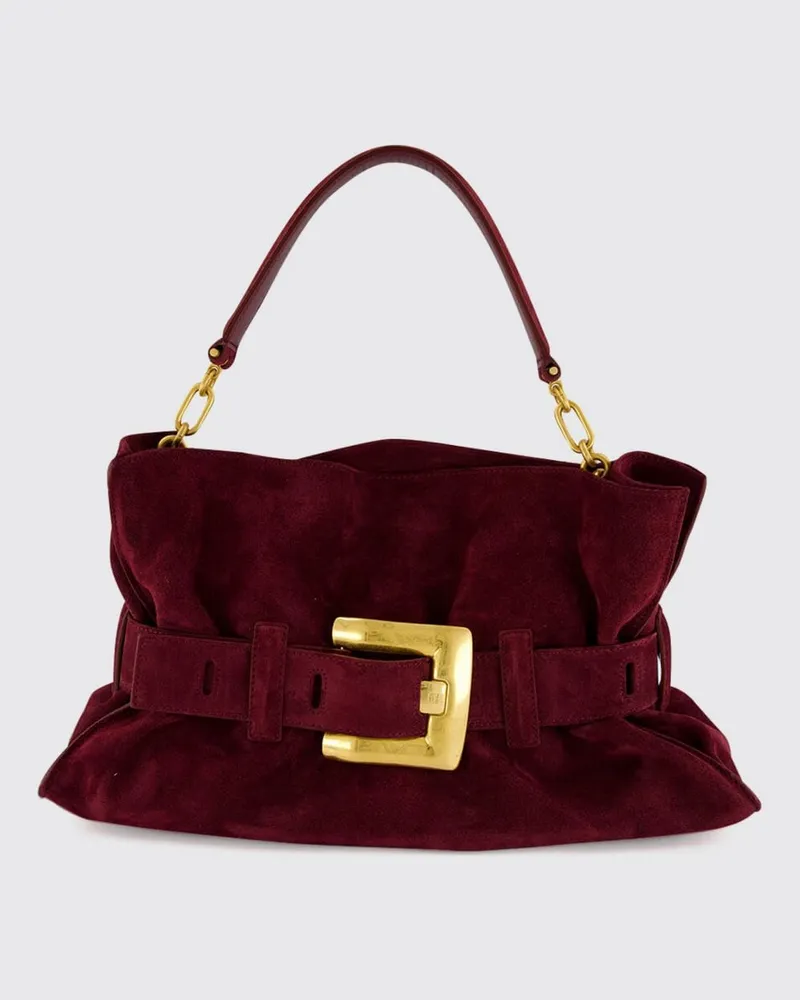 Balmain Anthem Schultertasche aus gerafftem Kalbsveloursleder mit Schnallendetail Burgunderrot