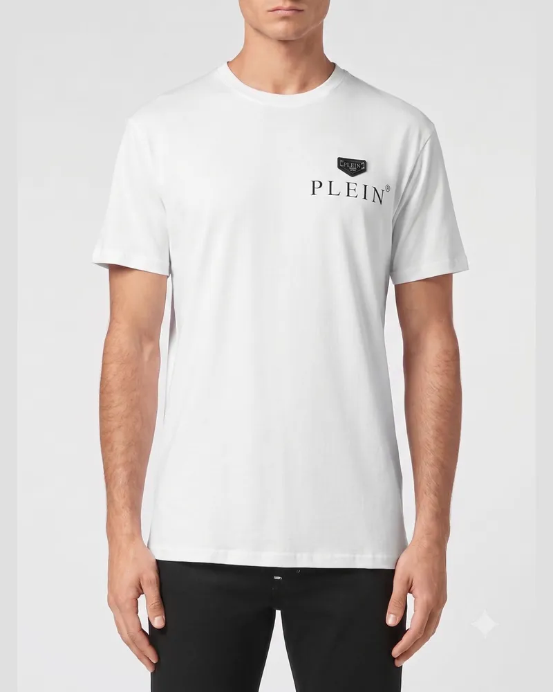 Philipp Plein Rundhals-T-Shirt aus reiner Baumwolle mit kontrastierendem Brustlogo Weiß