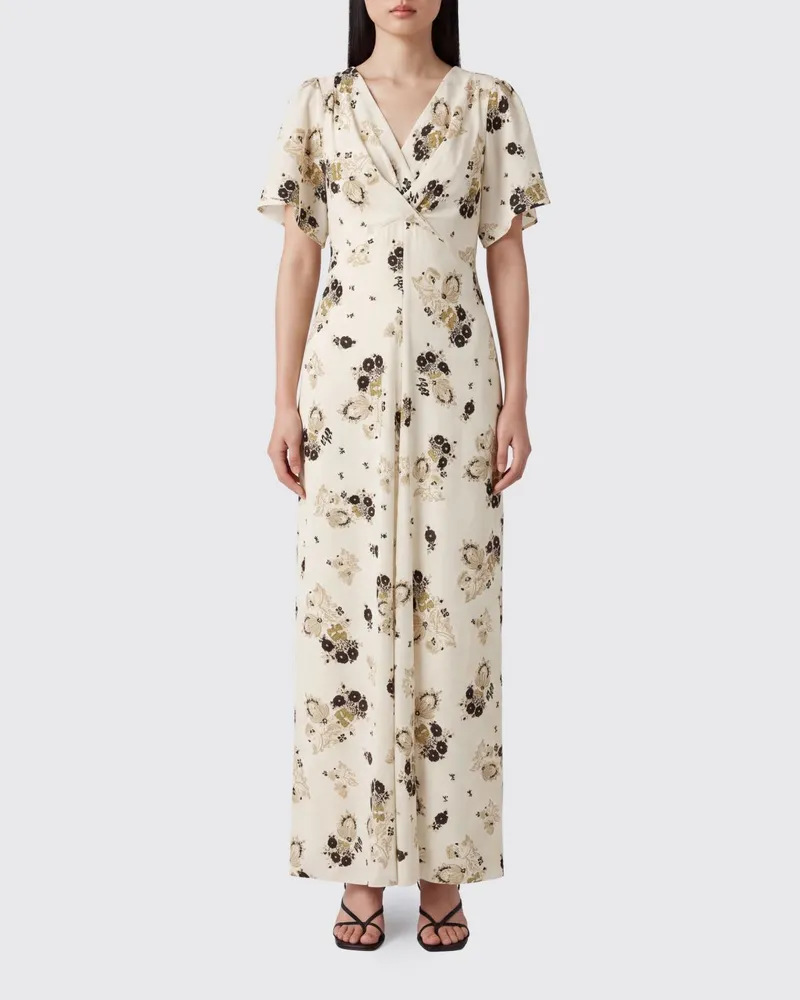 Isabel Marant Falja langes Seidenkleid mit Blumenprint und kurzen Ärmeln Beige