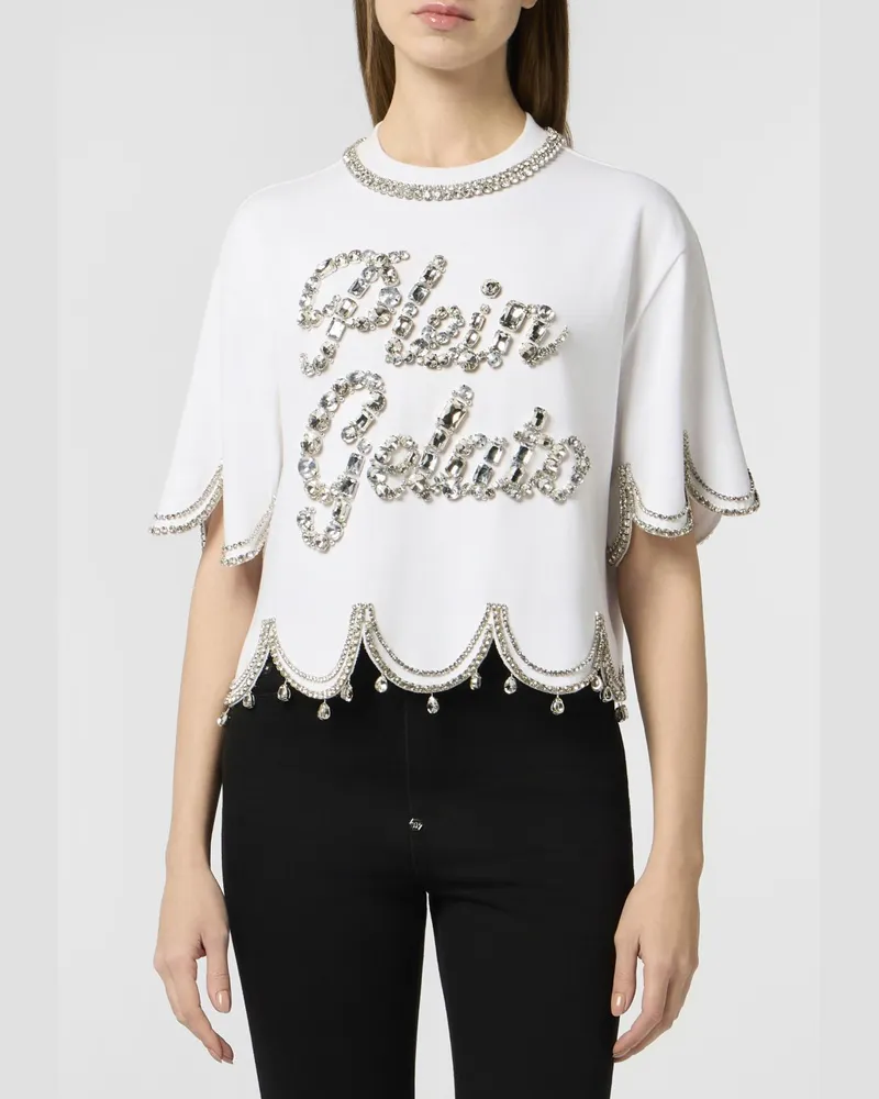 Philipp Plein Cropped T-Shirt aus Baumwolljersey mit Strass-Logo und Wellensaum Weiß
