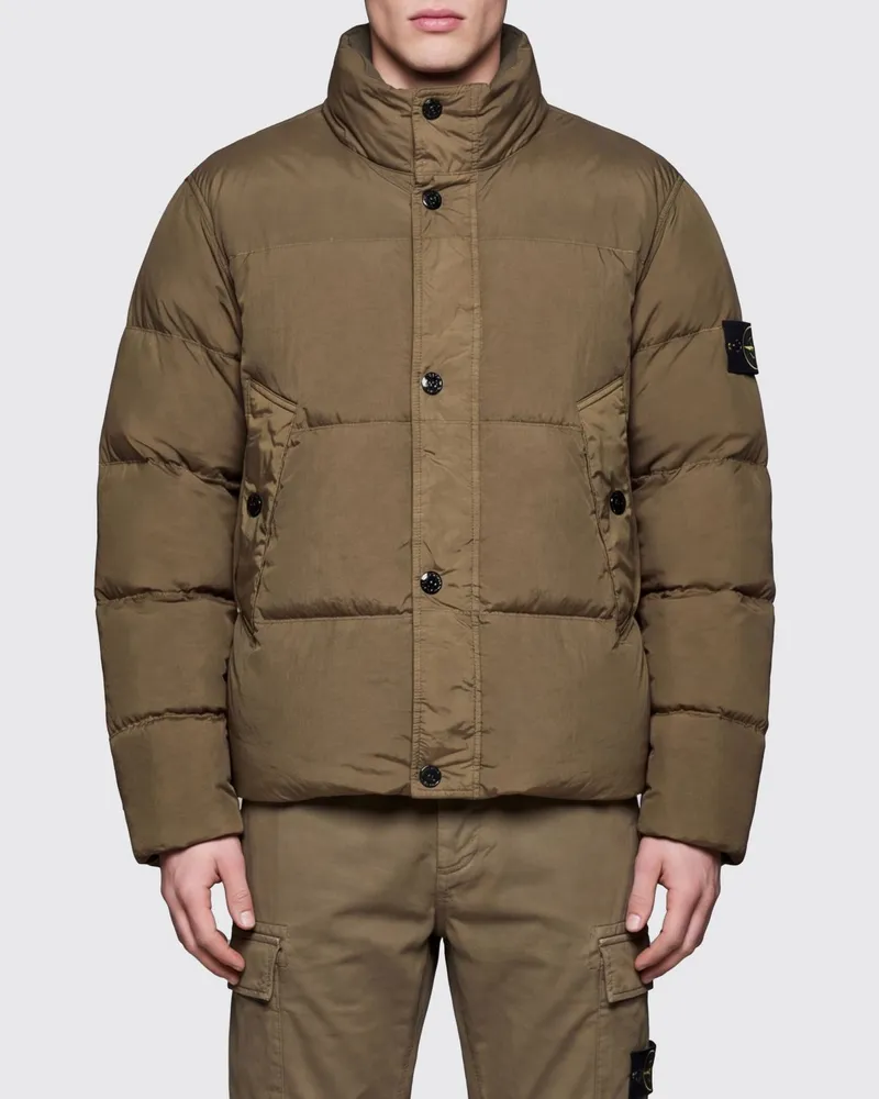 Stone Island Kurze, gesteppte, wasserabweisende Nylon-Daunenjacke mit Logo Grün