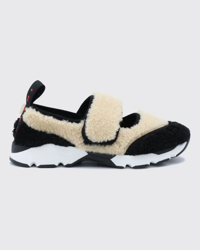 Marni Zweifarbige Mary-Jane-Sneaker aus Shearling mit Klettverschluss Beige