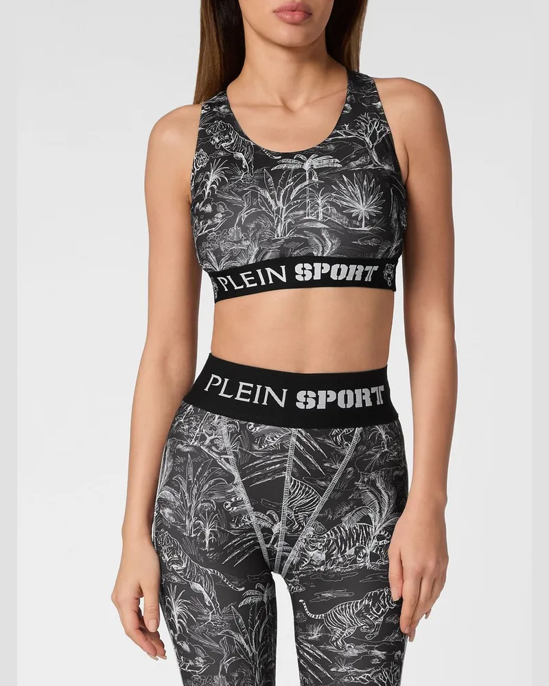 Philipp Plein Gekürztes Sport-Top aus Jersey mit tropischem Print und gekreuzten Trägern Schwarz
