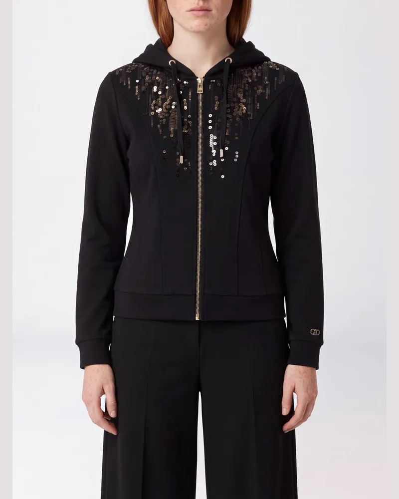 Liu Jo Jersey-Kapuzenjacke mit Reißverschluss, Pailletten und Stickerei Schwarz