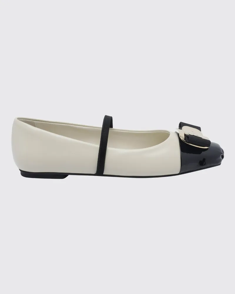 Ferragamo Zweifarbige New Vara Mary-Jane-Ballerinas aus Leder mit Schleife Weiß