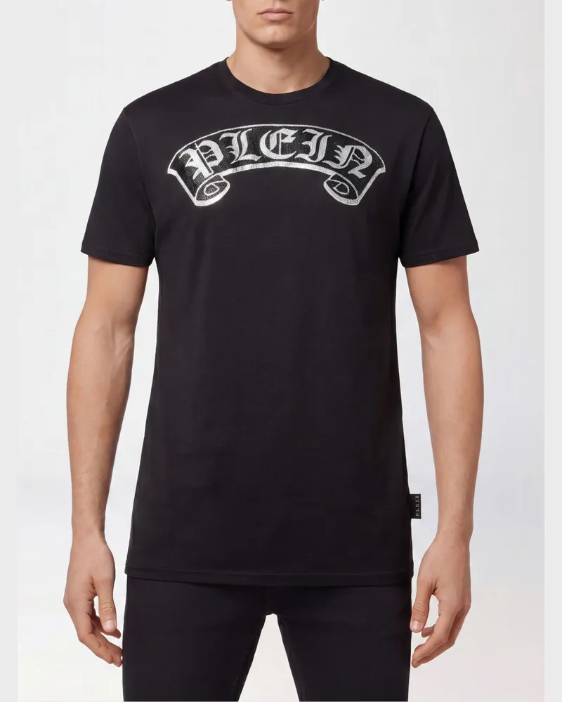 Philipp Plein Baumwoll-T-Shirt mit gesticktem Logo und Strass-Applikation Schwarz