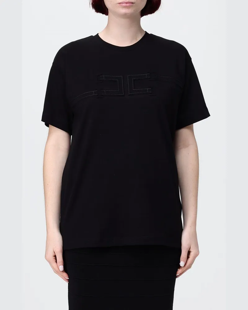 Elisabetta Franchi Baumwoll-T-Shirt mit gesticktem Logo Schwarz