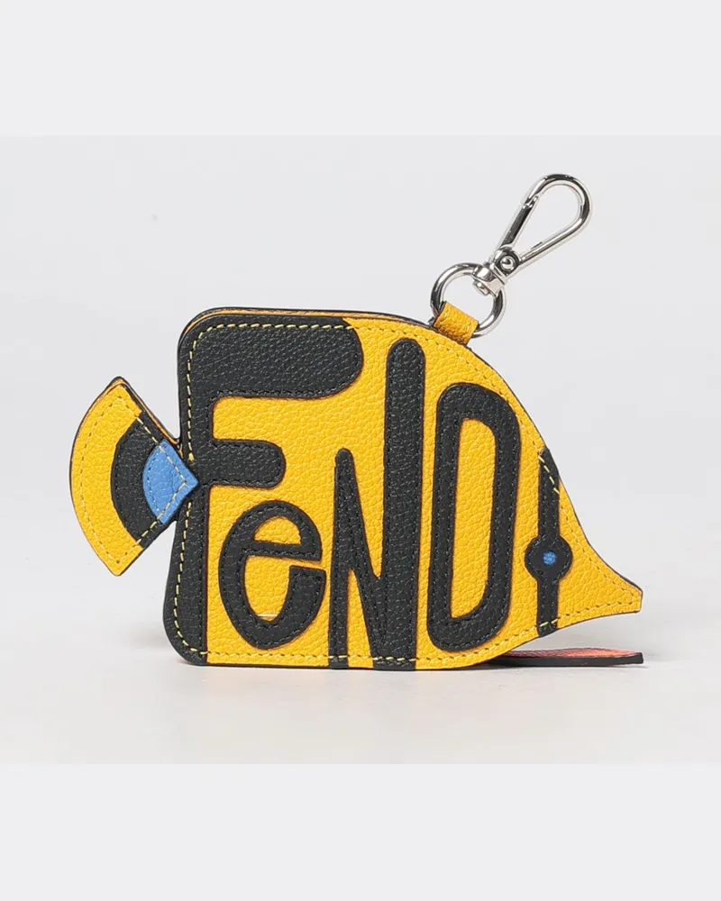 Fendi Fish Schlüsselanhänger aus genarbtem Leder mit Reißverschlusstasche und Karabiner Gelb