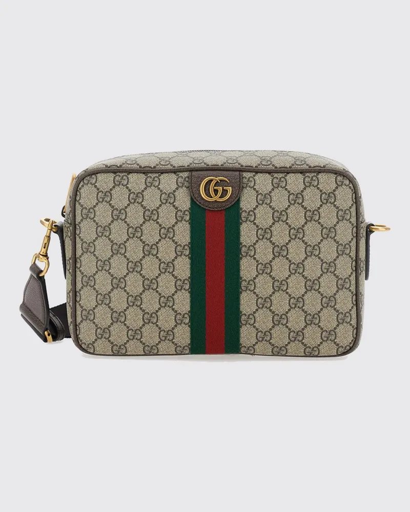 Gucci Ophidia Kameratasche aus GG Supreme-Canvas mit Webstreifen Beige