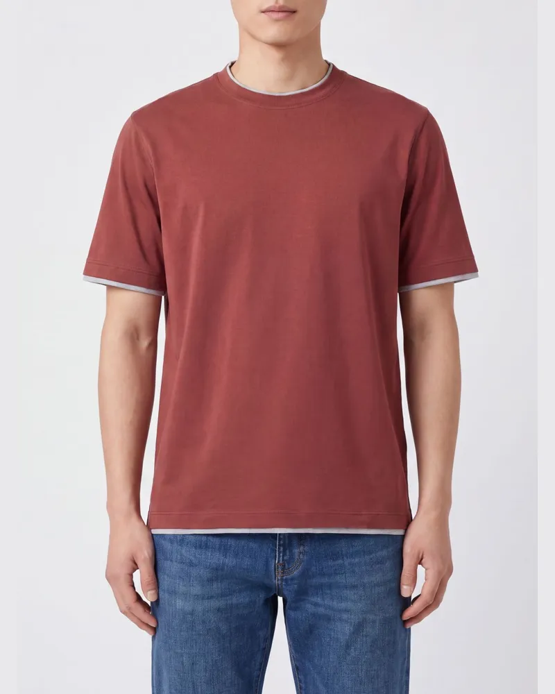 Brunello Cucinelli Rundhals-T-Shirt aus Baumwolle mit Kontrastbesatz Rot