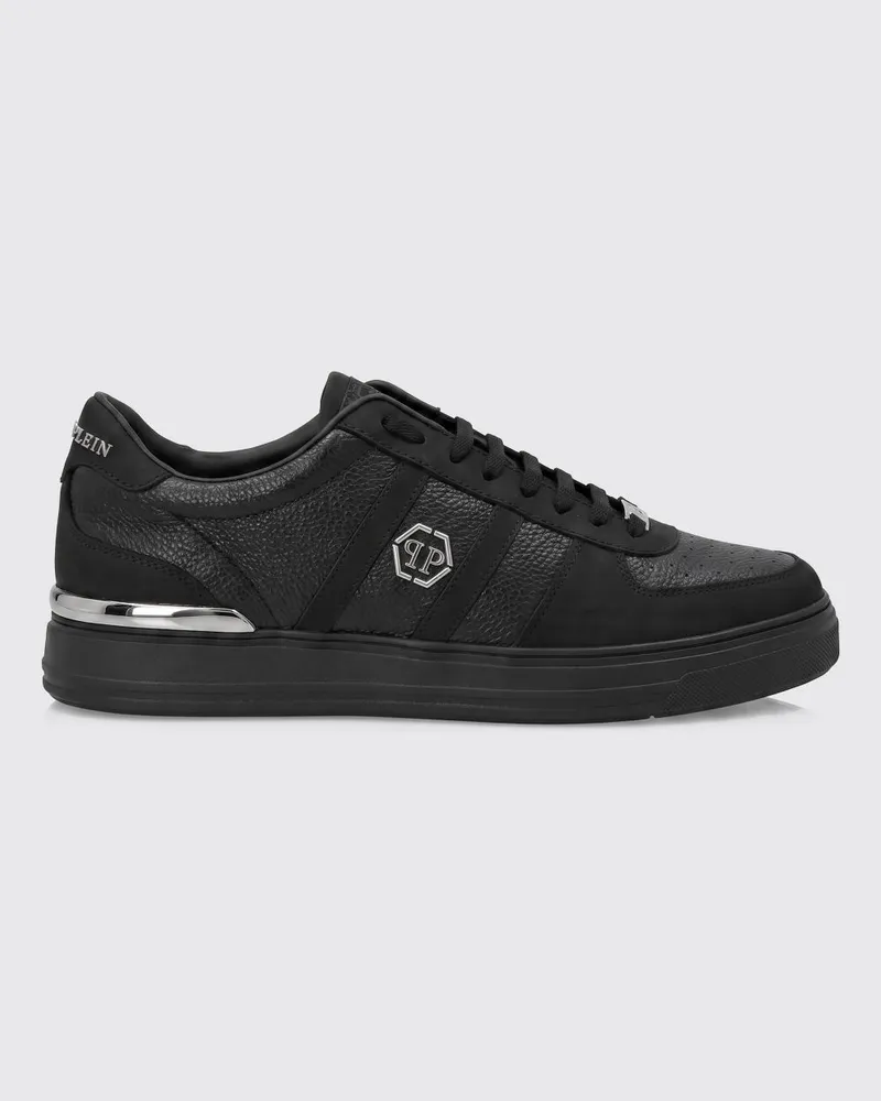 Philipp Plein Low-Top-Sneaker aus Leder mit Hexagon-Logo und runder Kappe Schwarz