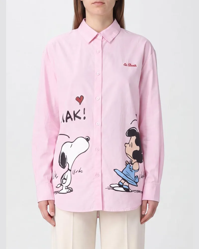 MC2 Saint Barth Gestreiftes Baumwollhemd mit langen Ärmeln und abgerundetem Saum Pink