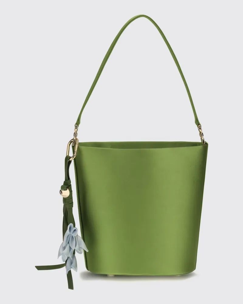 Self-Portrait Grüne Mini-Beuteltasche aus Polyestersatin mit Henkel Grün