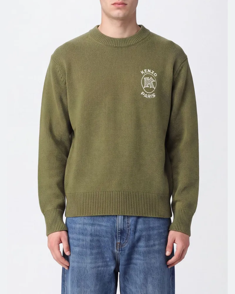 Kenzo Baumwollpullover mit Rundhalsausschnitt und kontrastierendem gesticktem Logo Kaki