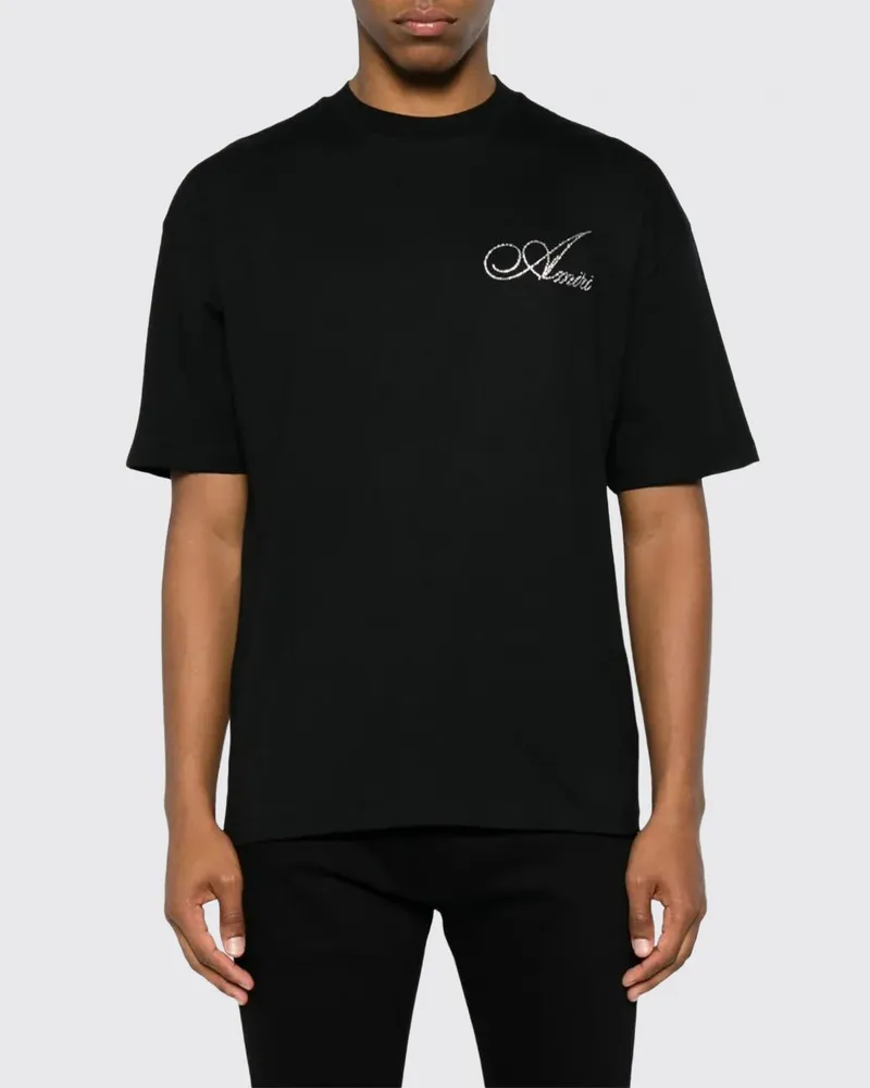Amiri Baumwoll-T-Shirt mit Strass-Logo und überschnittenen Schultern Schwarz