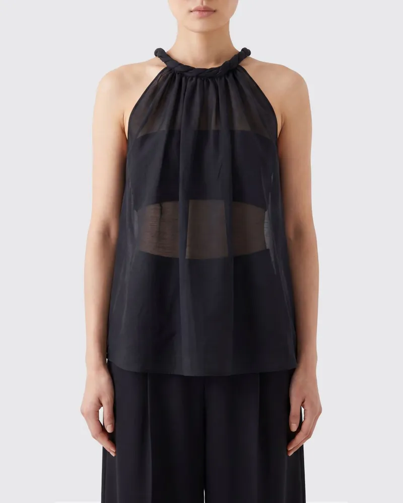 Semicouture Top aus Seide und Baumwolle mit dünnen Trägern und schulterfreiem Design Schwarz