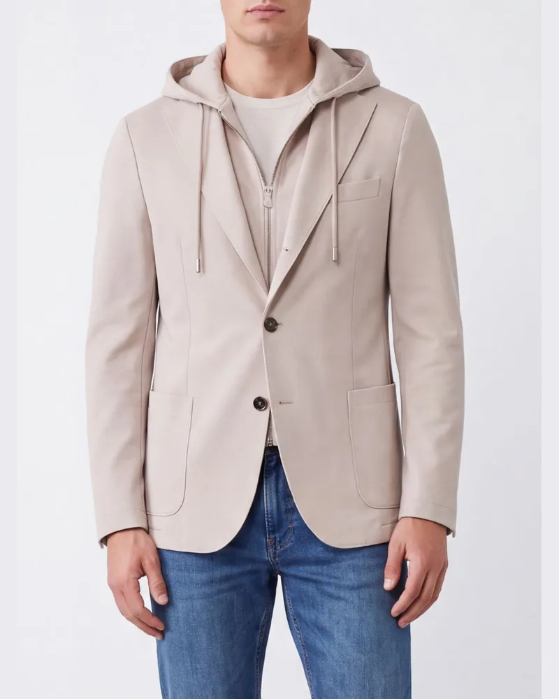 Eleventy Einreihiger Blazer von aus Wolle und Funktionsstoff mit Kapuzeneinsatz mit Reißverschluss Sand