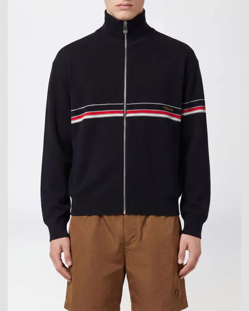 Versace Gestreifter Baumwoll-Cardigan mit Rollkragen und Reißverschluss Schwarz