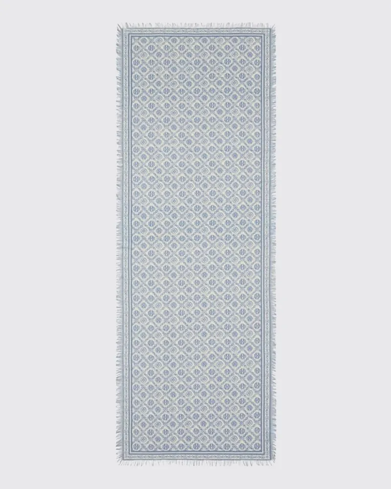 Tory Burch Monogramm-Schal aus Woll-Seiden-Mischung mit Fransenrändern Blau
