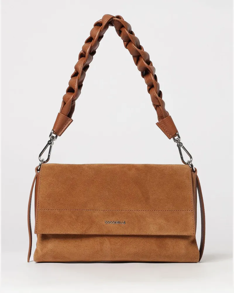Coccinelle Boheme Schultertasche aus Veloursleder mit geflochtenem Henkel Burnt
