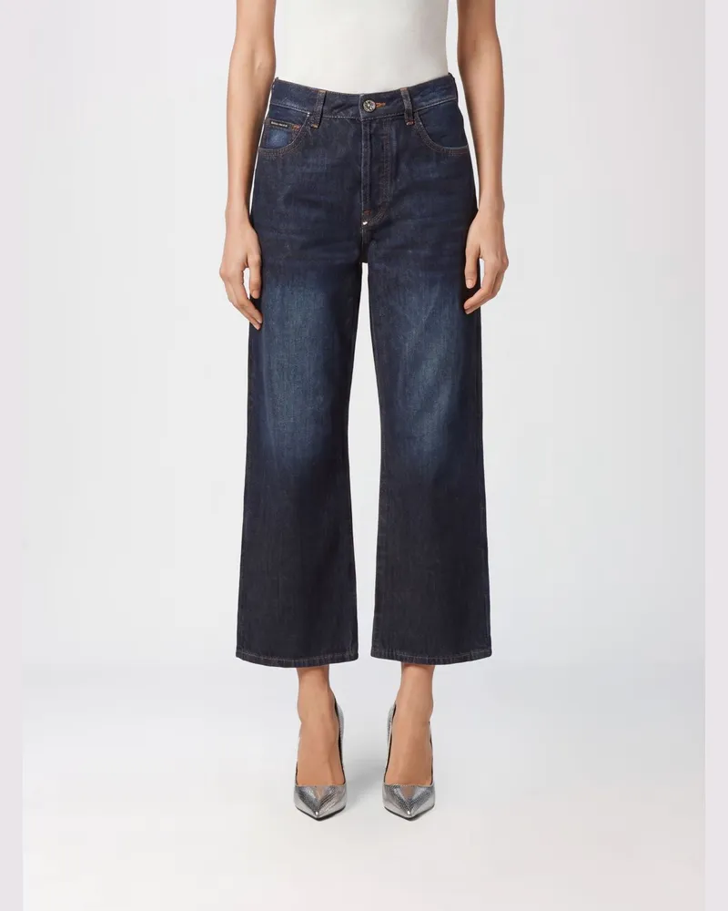 Philipp Plein High-Waist Cropped-Jeans aus Stretch-Denim mit weitem Bein Blau