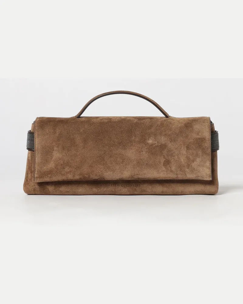 Brunello Cucinelli Clutch aus Velourskalbsleder mit Monili-Verzierung Braun