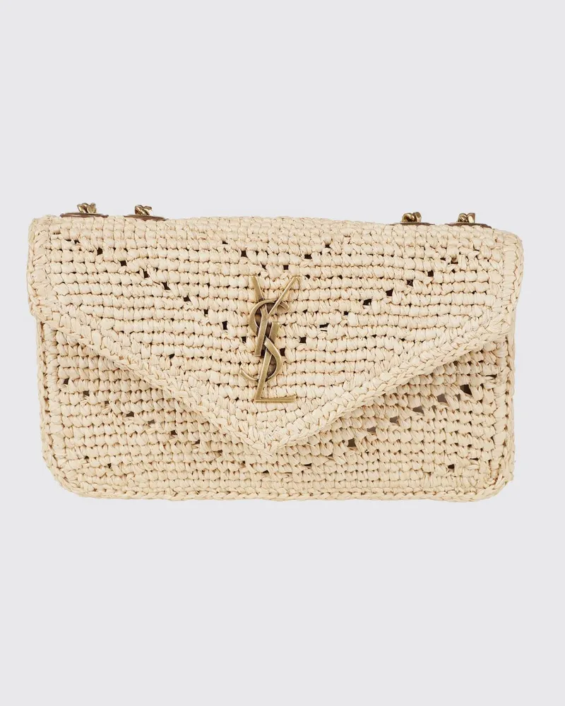 Saint Laurent LouLou Mini Häkel-Tasche aus Bast mit metallischem YSL-Monogramm Beige