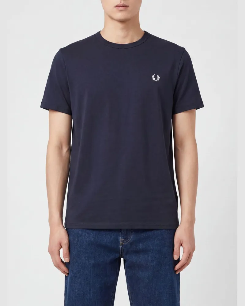 Fred Perry Slim-Fit-T-Shirt aus Baumwolle mit Rundhalsausschnitt und gesticktem Logo Blau