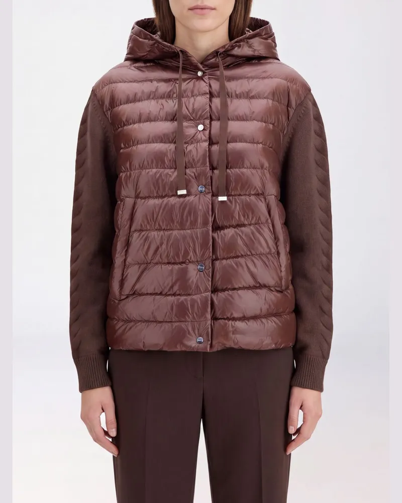 Herno Kurze wasserdichte Nylon-Daunenjacke mit Kapuze und Rippbündchen Braun