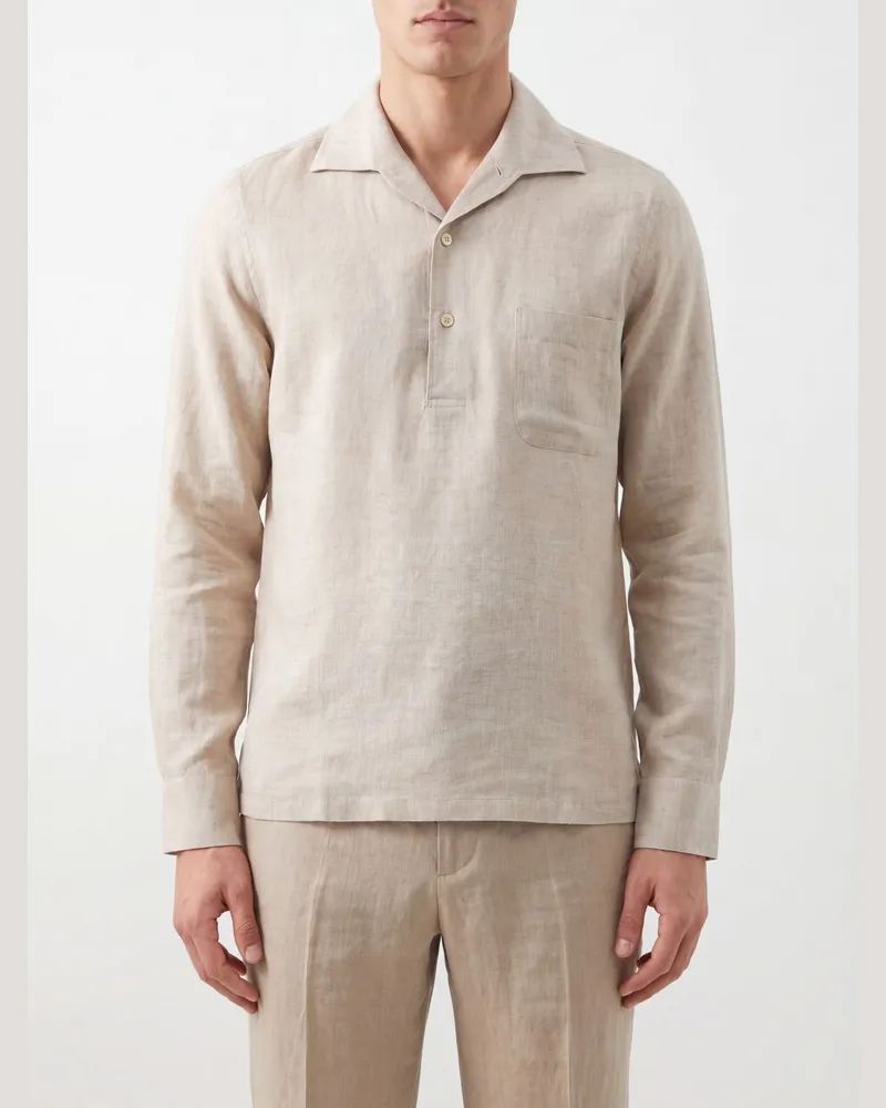LARDINI Langarmhemd aus reinem Leinen mit kubanischem Kragen und aufgesetzter Tasche Beige