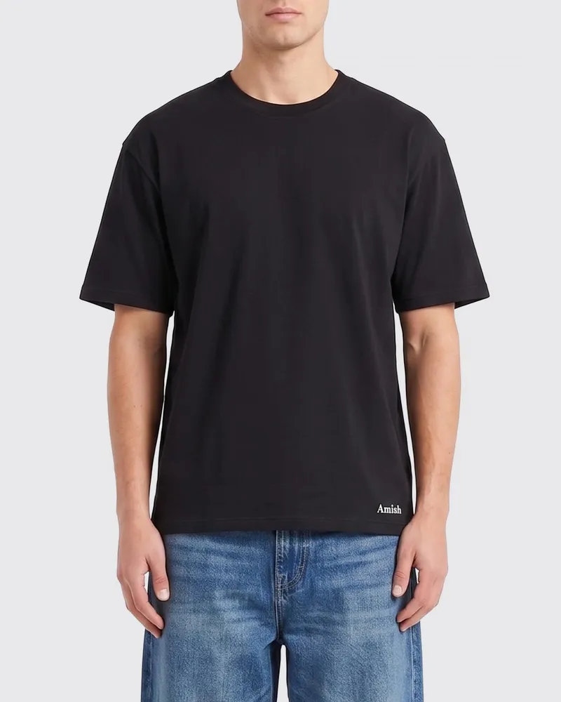 Amish Baumwoll-T-Shirt mit überschnittenen Schultern und modernem Rundhalsausschnitt Schwarz
