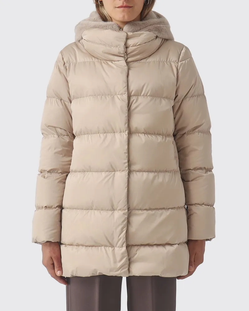 Herno Knielanger, wasserabweisender Daunenmantel aus technischem Satin mit Shearling-Kapuze Schwarz