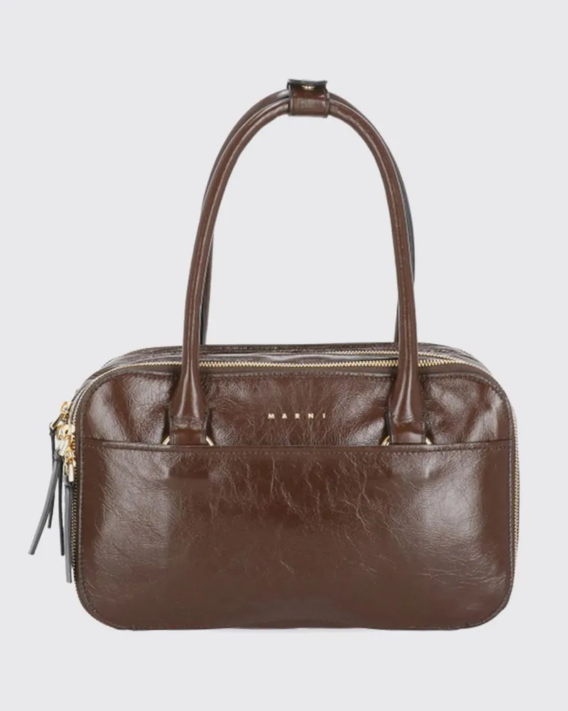 Marni Kleine Boston-Tasche aus Leder mit Knittereffekt und doppeltem Henkel Braun
