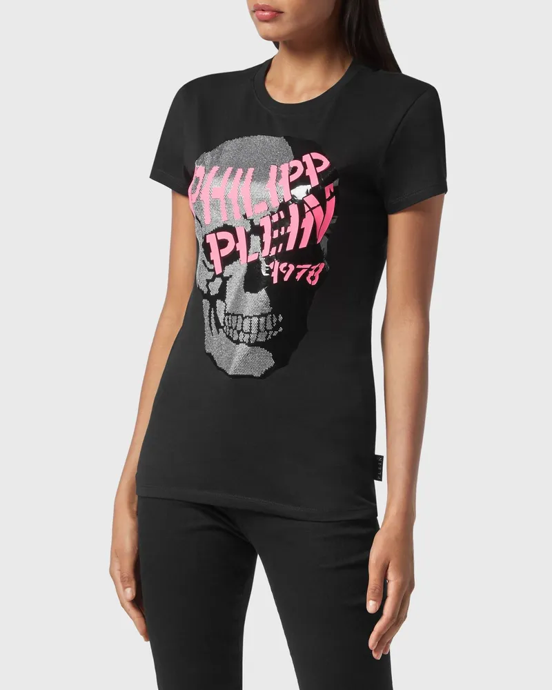 Philipp Plein Slim Fit Jersey-T-Shirt mit Totenkopf-Print und Strass Schwarz