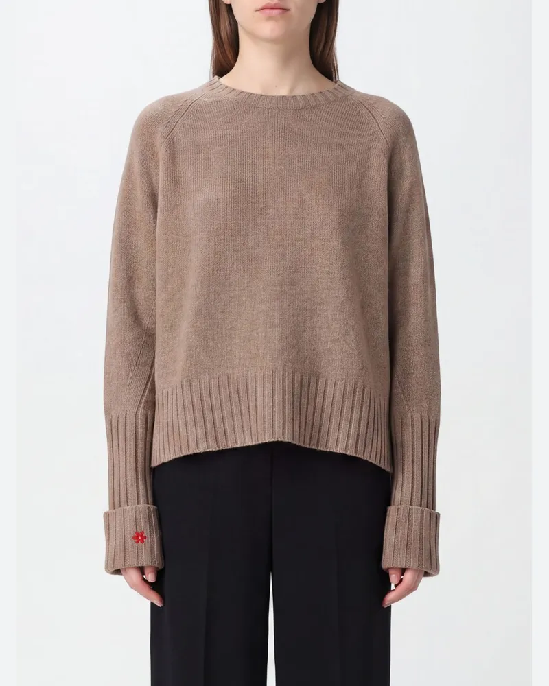 Tory Burch Pullover aus Wolle mit Rundhalsausschnitt und Umschlagbündchen Beige