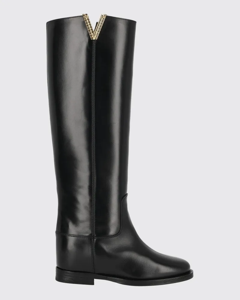 Via Roma 15 Kniehohe Keilabsatzstiefel aus Leder mit runder Kappe Schwarz