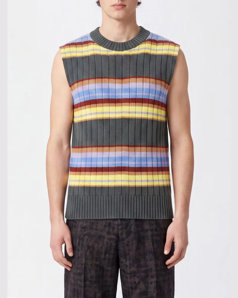 Dries van Noten Gestreifte Strickweste von aus Baumwoll-Woll-Mischung mit Rundhals Waldgrün