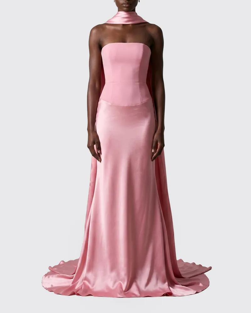 Solace London Langes Abendkleid aus Satin mit Korsett-Oberteil und Schleppe Pink