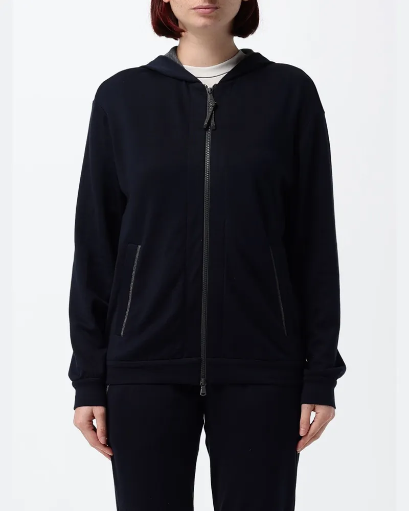 Brunello Cucinelli Baumwoll-Kapuzenjacke mit Reißverschluss und Monili Blau