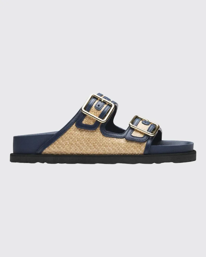 Birkenstock Zweifarbige 1774 Arizona flache Sandalen aus Leder und Bast Blau