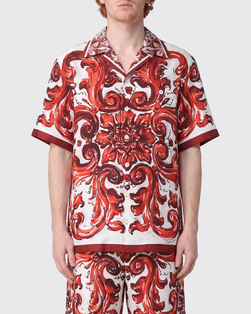 Dolce & Gabbana DOLCE  GABBANA Dolce & Gabbana Kurzärmeliges Seiden-Bowlinghemd mit Majolika-Print Ruby