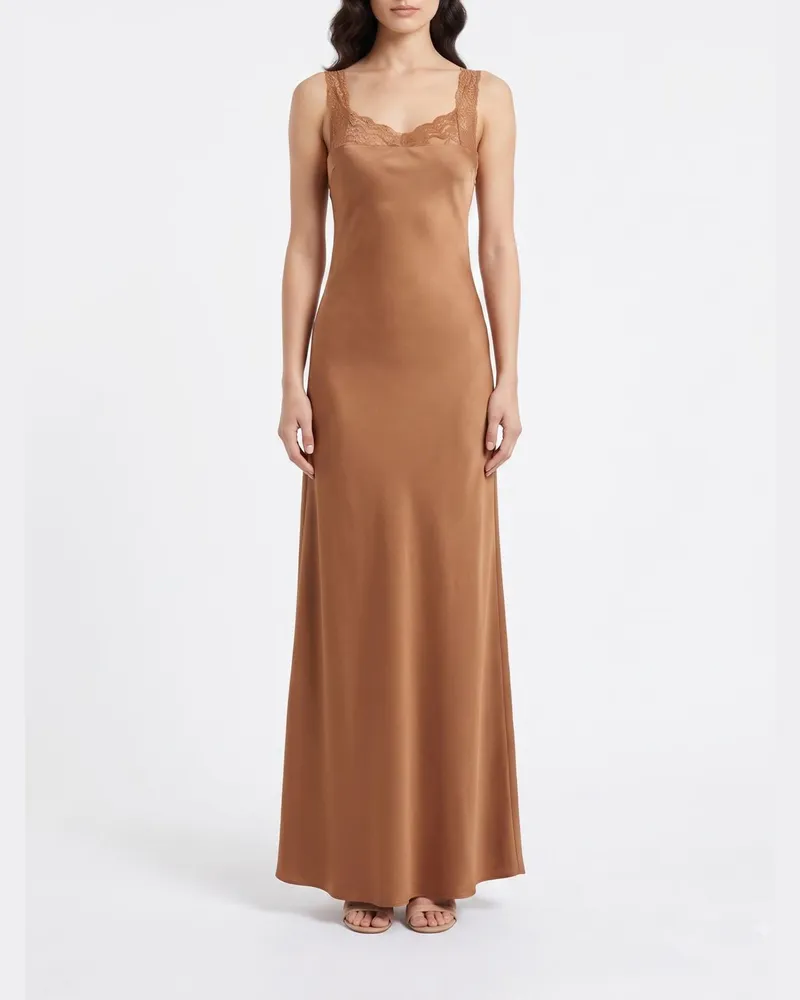 forte_forte Langes Satin-Slip-Kleid mit Spitzen-Einsätzen Brick