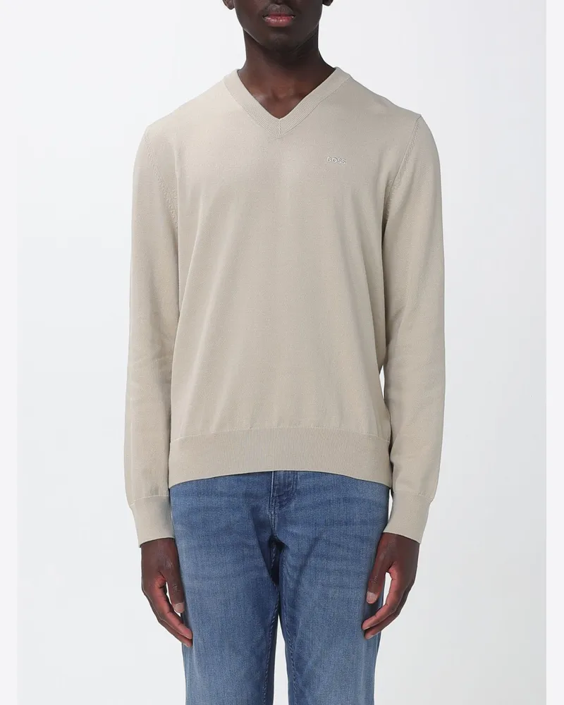 HUGO BOSS V-Ausschnitt-Pullover aus Baumwolle mit langen Ärmeln und Rippbündchen Beige