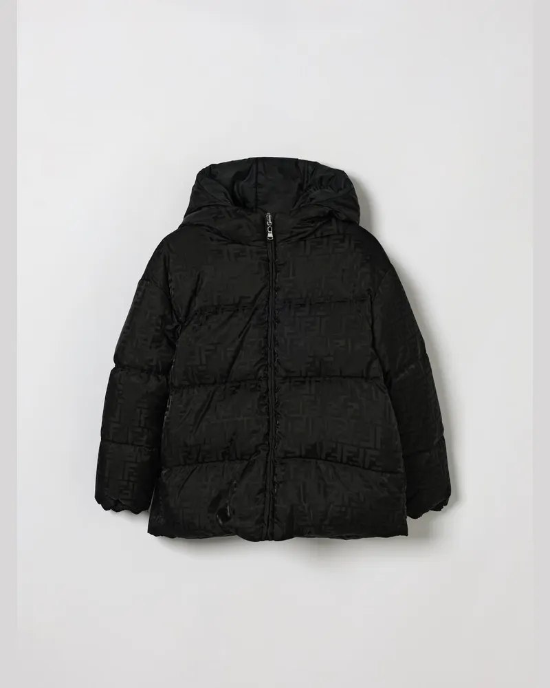 Fendi Gesteppte Nylon-Daunenjacke für Jungen mit Kapuze und FF-Monogramm Schwarz