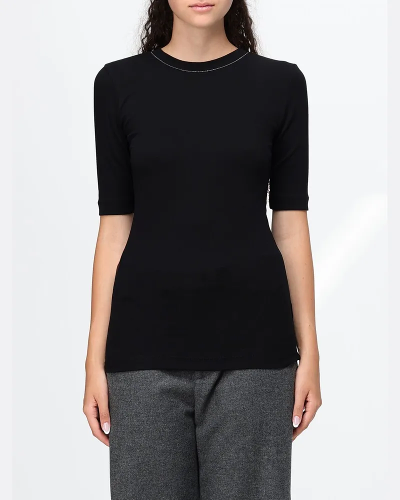 Brunello Cucinelli Stretch-Baumwoll-T-Shirt mit Monili-Verzierung Schwarz