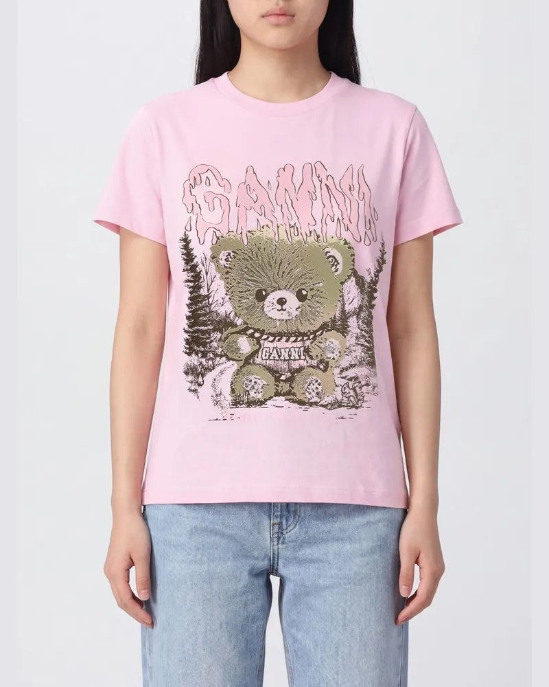 Ganni Kurzarm-T-Shirt aus Bio-Baumwolle mit Teddybär-Print Pink